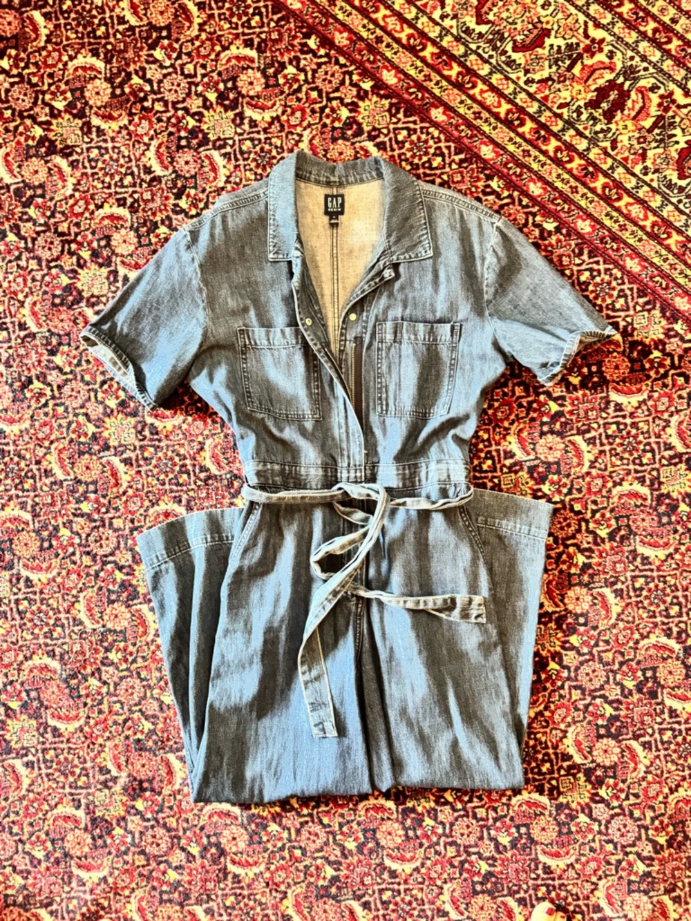 GAP Denim Jumpsuit with Tie Waist - Dark Denim Blue